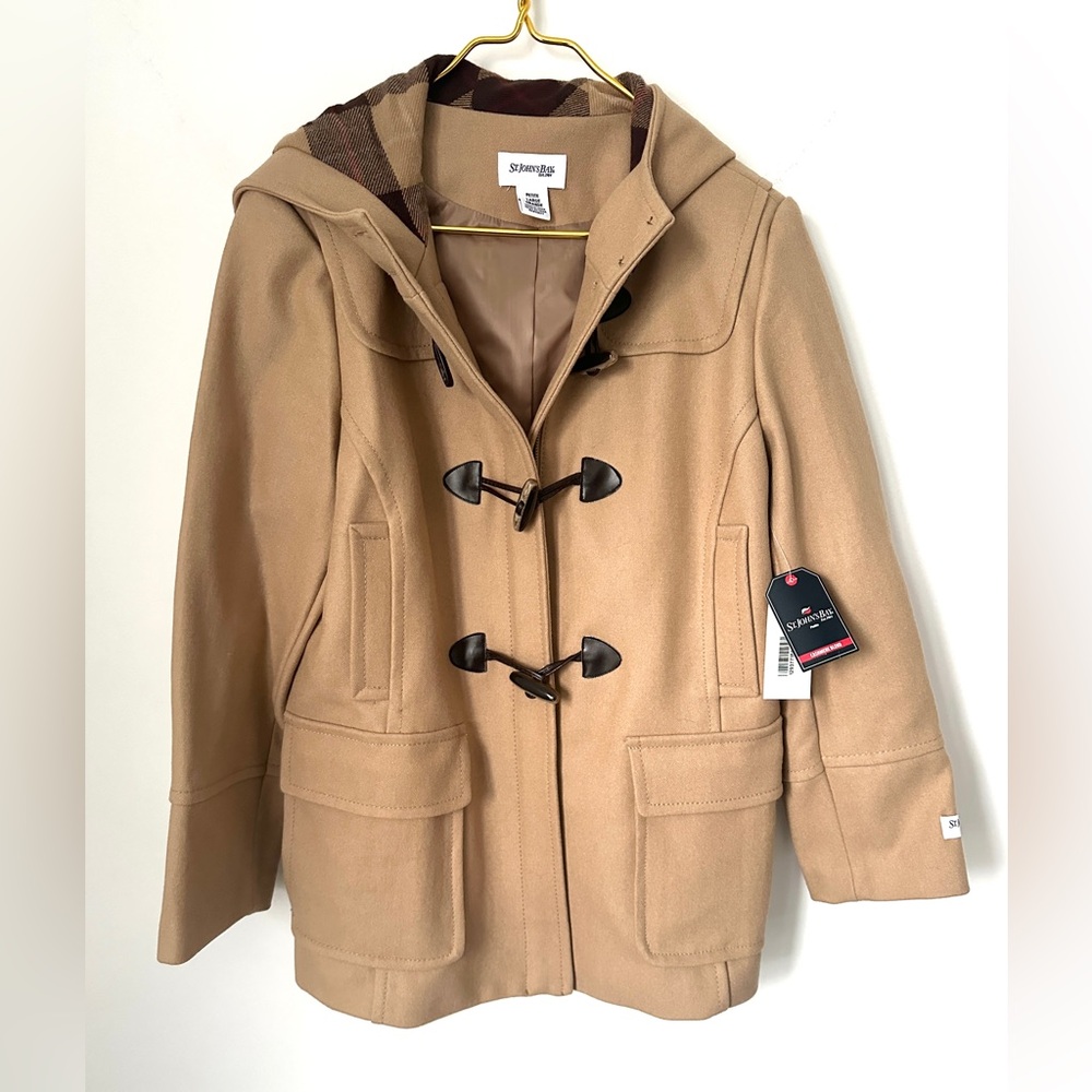 NWT St. John’s Bay Tan Wool Cashmere Blend Zip Toggle Jacket Coat Petite Large